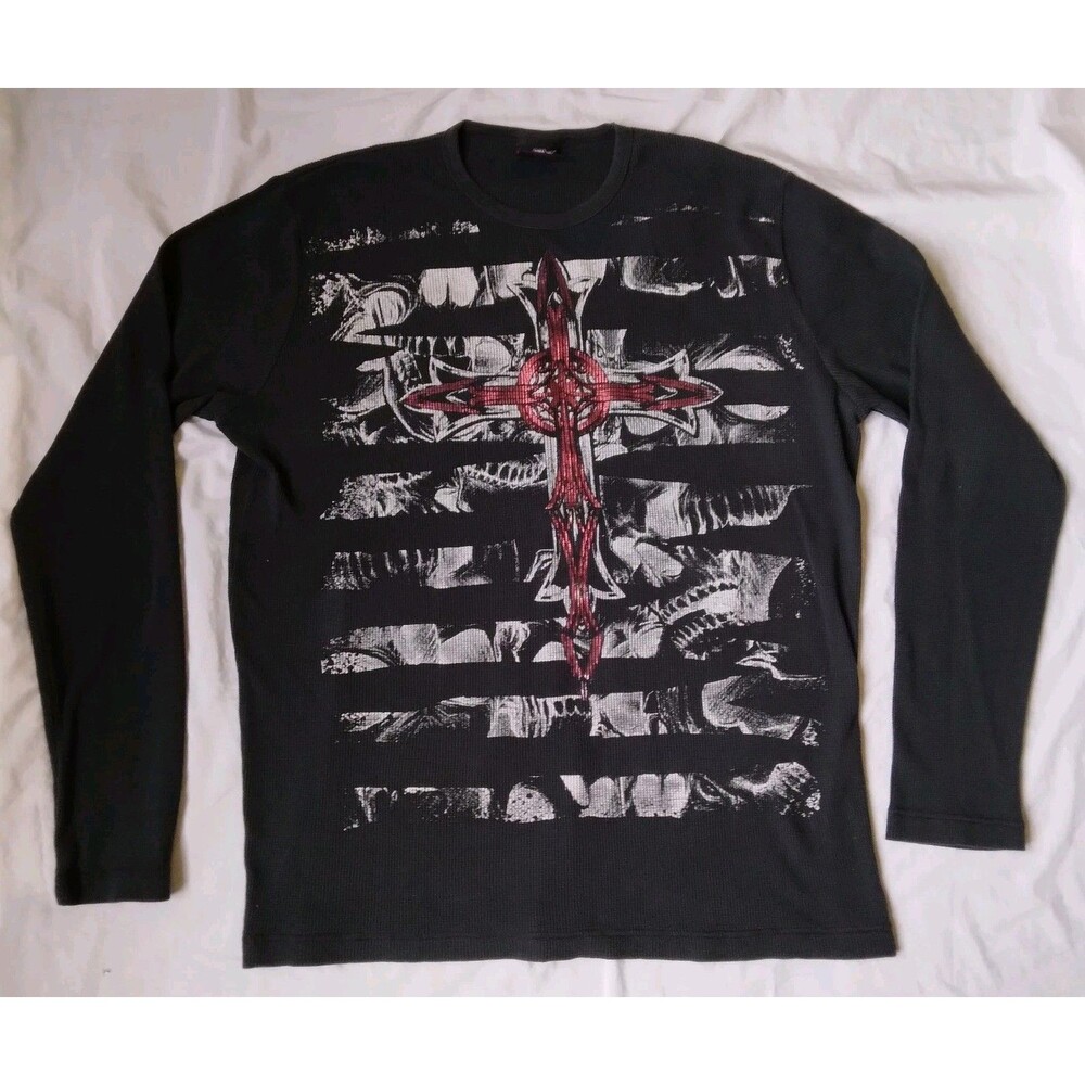 Vintage Y2K MMA Elite Shirt Black Gothic Cross Long Sleeve Thermal Mens XXL